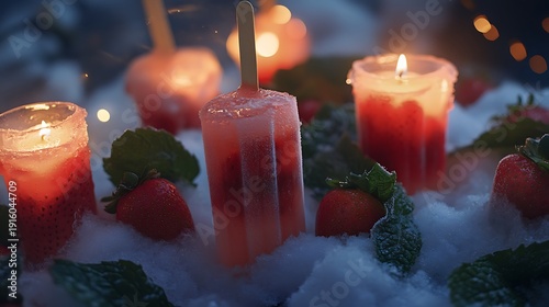 Snow popsicles adorned with fresh strawberries and mint leaves glowing in candlelight