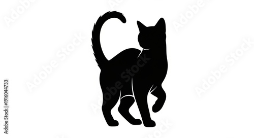 Silhouette of a black cat walking with its tail up.