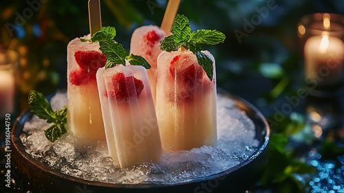 Snow popsicles adorned with fresh strawberries and mint leaves glowing in candlelight