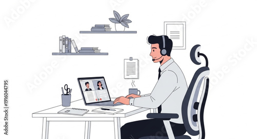 Man working from home on a video call wearing a headset.