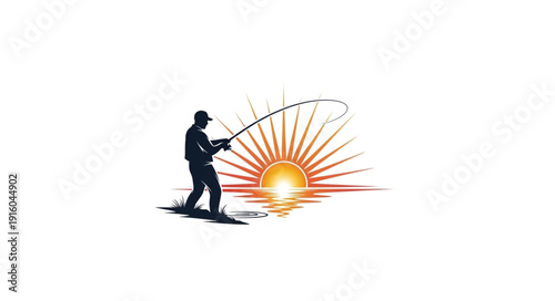 Man Fishing at Sunset Silhouette.