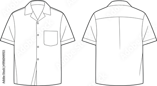 Men short sleeve shirt cad drawing, flat vector illustration, front and back view, fashion technical sketch, apparel template, isolated clothing design production