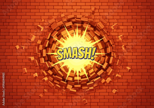 Dynamic comic book style graphic of a brick wall breaking apart with an explosive 'SMASH!' text effect, illustrating sudden impact or breakthrough.