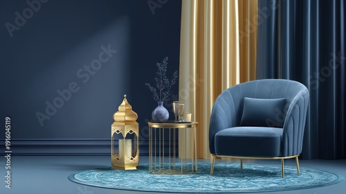 Elegant interior design with armchair decorative lantern and curtains