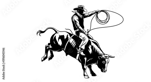 Cowboy riding a bucking bull with a lasso.