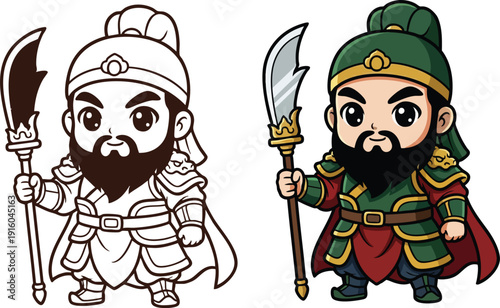 A cute chibi-style vector illustration of the legendary Chinese general Guan Yu (Lord Guan)