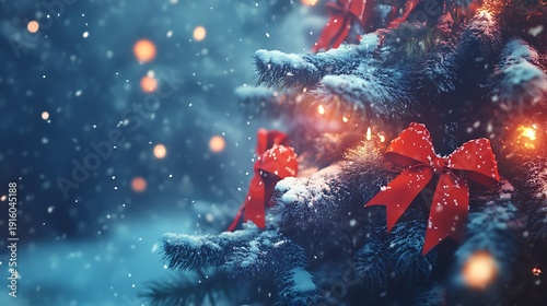 Snowy night Christmas tree glowing with red bows and soft lights
