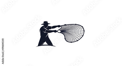 Man Catching Fish with Net.