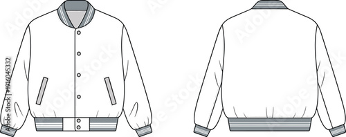 Men varsity jacket cad drawing, flat vector illustration, front and back view, fashion technical sketch, apparel template, isolated clothing design for production