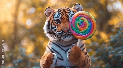 Stuffed tiger holding a giant rainbow lollipop playful and bright