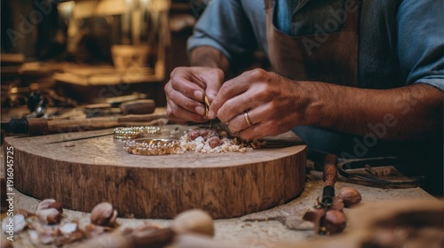 Artisan crafting jewelry on wooden surface indoors detail