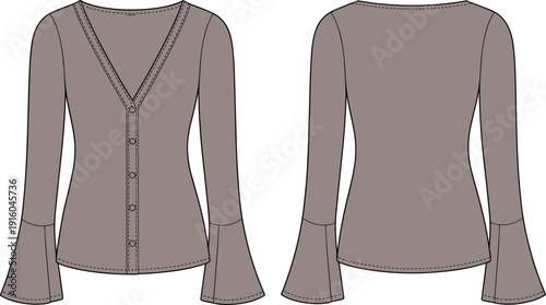 Women cardigan technical drawing, long sleeve button front sweater CAD template, front and back view, flat vector fashion illustration isolated background design