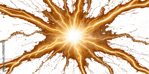 An abstract 3d illustration of yellow paint splashes exploding against a black backdrop with orange light and star textures for a space motion design wallpaper