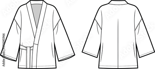 Women kimono jacket cad drawing, flat vector illustration, front and back view, fashion technical sketch, apparel template, isolated clothing design for production