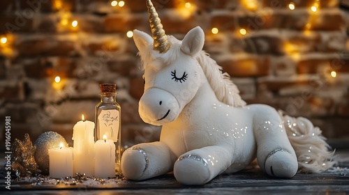 Stuffed unicorn near flickering candles and bottle with a message inside