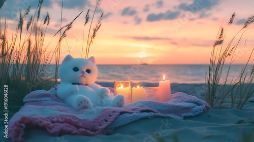 Stuffed white cat near soft pink candlelight on a pastel beach picnic