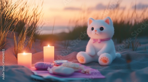 Stuffed white cat near soft pink candlelight on a pastel beach picnic
