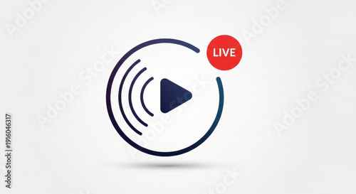 Live streaming play button icon with red notification circular symbol with sound waves and dark blue play triangle on white background