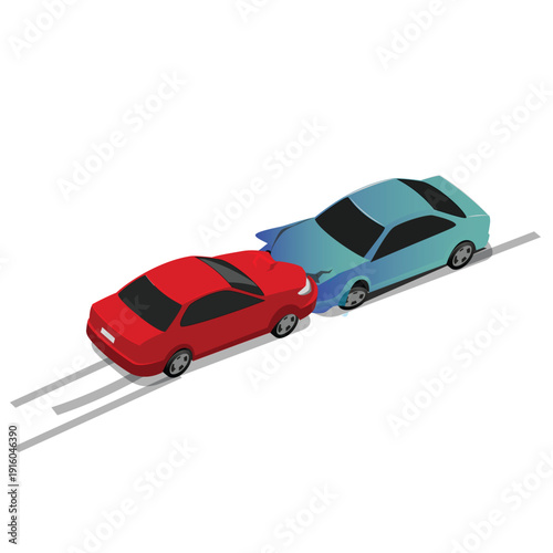 Isometric collision of passenger cars with severe damage on road. driving and violation of traffic rules.  3D vector isometric on white background