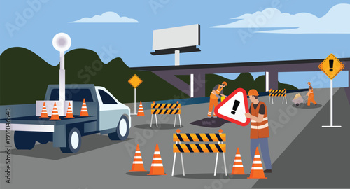 construction workers maintance, on a road city and sidewalk with a  sign, indicating road or pavement maintenance.