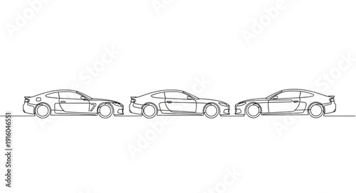 Three modern sports cars drawn in a continuous line art style.