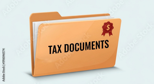 Tax documents folder with red seal and dollar sign symbol on light background representing financial organization and accounting
