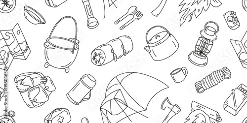 Vector seamless pattern with camping and hiking equipment. Hiking background in doodle style.