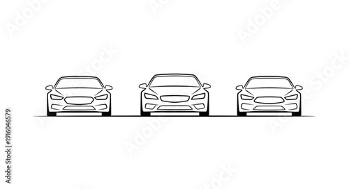 Three modern sports cars lined up front view illustration.