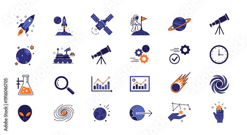 Science and astronomy icons set collection.