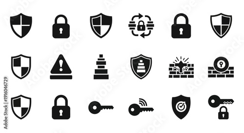 Security icons with shield and padlock.