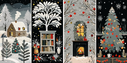 Four festive winter scenes depicted in a vertical illustrated panel format