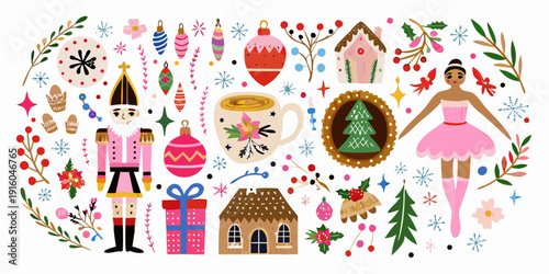 Festive christmas illustrations nutcrackers ballerinas ornaments and gingerbread houses