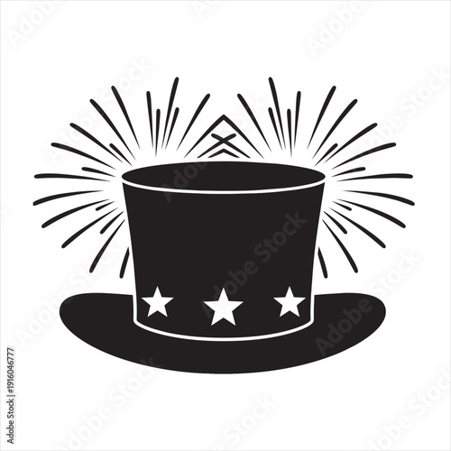 Patriotic hat and fireworks silhouette vector, festive celebration icon, solid black shape