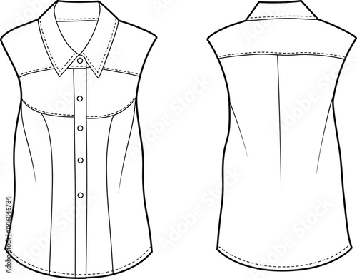 Women sleeveless shirt technical drawing, button front blouse CAD template, front and back view, flat vector fashion illustration isolated background design