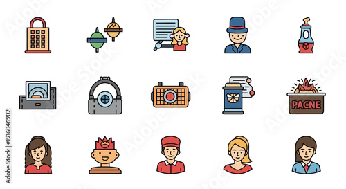Various people icons and objects.