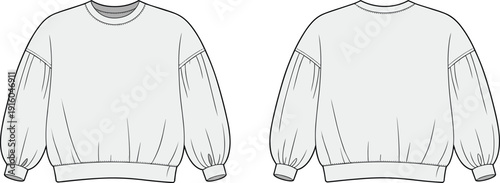 Women puff sleeve sweatshirt cad drawing, flat vector illustration, front and back view, fashion technical sketch, apparel template, isolated clothing design production