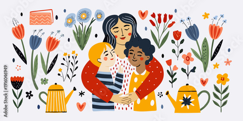 A mother embracing her two children amidst colorful floral and garden elements