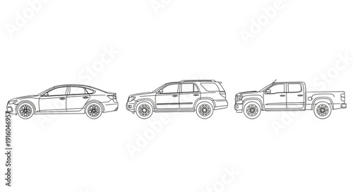 Three different vehicle types sketched in black and white.