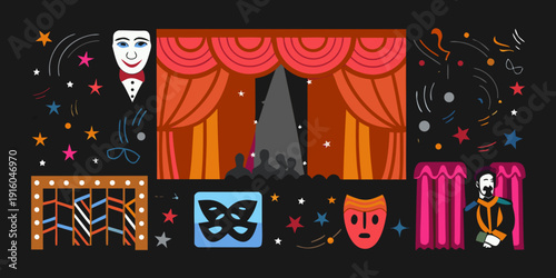 A colorful illustration depicting elements of theatrical performance and entertainment