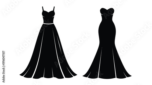 Two elegant evening gowns displayed as a striking black silhouette