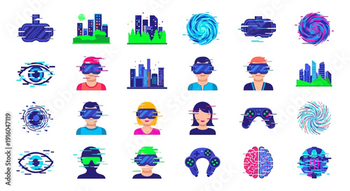 Virtual reality headset and technology icons.