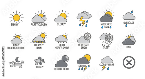 Weather forecast icons on white background.