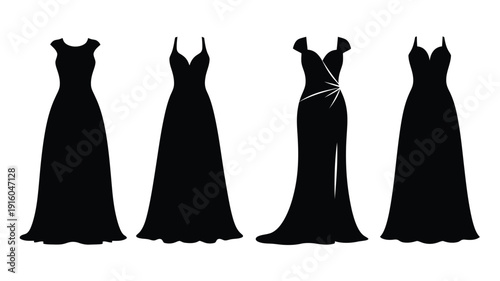 Four elegant evening dresses displayed in a striking black silhouette