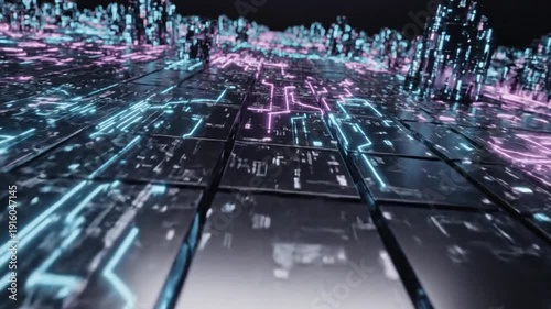 A futuristic abstract of interconnected nodes and light streams. Digital cityscape concept