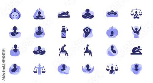 Yoga poses and meditation icons set.