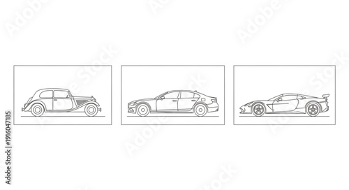 Three distinct car sketches showing evolution of design.