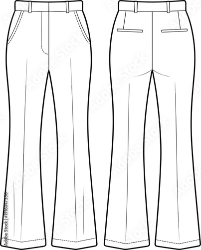 Women trousers technical drawing, straight leg pants CAD template, front and back view, flat vector fashion illustration isolated background apparel design