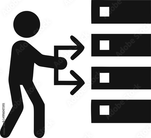 Man pushing data information to server racks for storage and processing on computer networks