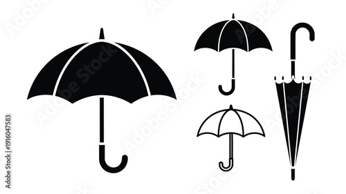 Four black umbrellas displayed in a minimalist graphic silhouette