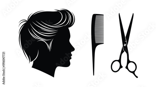 Barber shop tools with a woman s head profile silhouette
